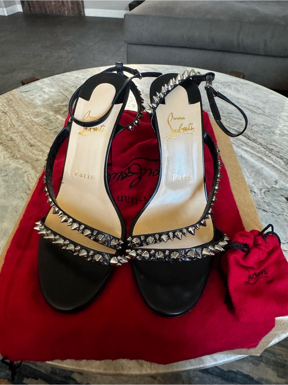 Christian Louboutin Black Spike-Embellished Ankle-Strap Heels